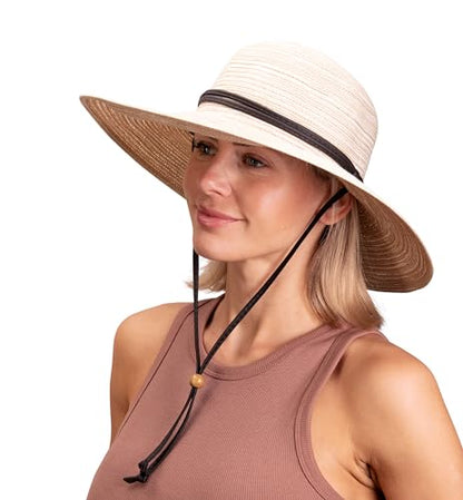 Sloggers Women's Wide Brim Braided Sun Hat with Wind Lanyard - UPF 50+ Maximum Sun Protection - color: Stone