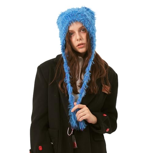 LumiSyne Winter Hat Cute Cat Ear Shape y2k Style Furry Knit Earflap Hat with Long Ear Straps Peruvian Cover Ear Beanie Hat - color: Blue