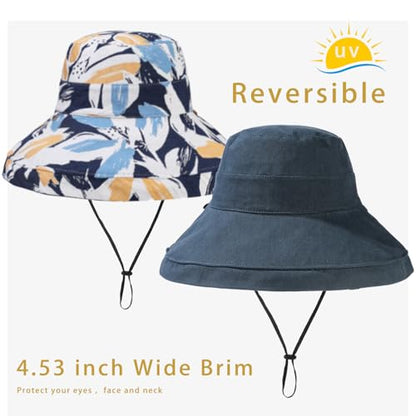 vidsel Womens Sun Hats Wide Brim Reversible Bucket Cotton Hat with Hat Clip - color: Navy Blue2, size: Medium