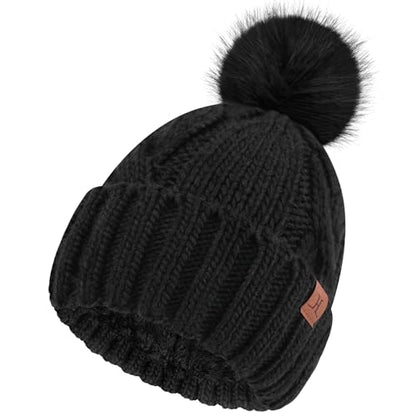 FZ FANTASTIC ZONE Womens Pom Pom Winter Warm Beanie Hat Cap Fleece Lined - color: Black