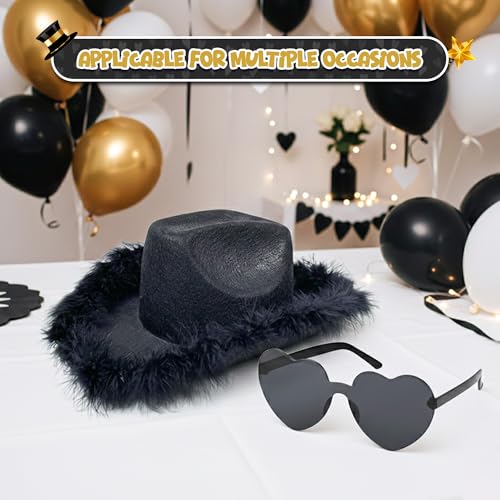 4E's Novelty Cowboy Hat with feathers With Heart Shaped Sunglasses for Women, Felt Cowgirl Hat for Party Costume Dress Up - color: Black