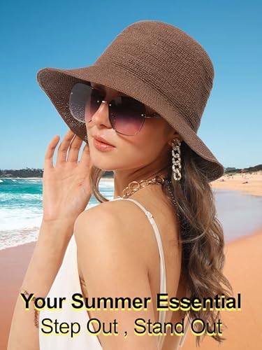 Womens Sun Hat Handmade Foldable Straw Bucket Hat Summer Crochet Travel Cap - color: Coffee, size: Small