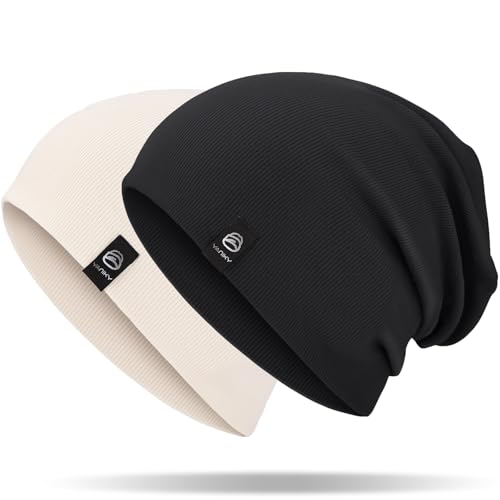 YANIKY Slouchy Beanie for Women, Mens Soft Cotton Beanie Hat, Double Layer Windproof Skull Cap for All Seasons - color: Black+white