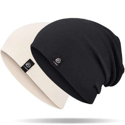 YANIKY Slouchy Beanie for Women, Mens Soft Cotton Beanie Hat, Double Layer Windproof Skull Cap for All Seasons - color: Black+white