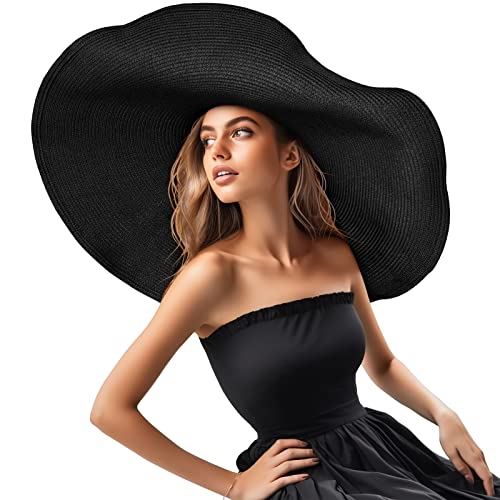 Oversized Beach Straw Hat for Women Fashion Large Wide Brim Visor Hats Summer Roll Up Floppy Sun Hat for Beach Cap Foldable - color: Black