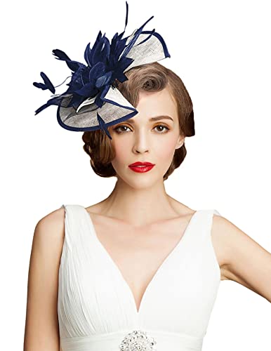 ORIDOOR Women Fascinators Derby Church Tea Party Wedding Flower Feathers Headpiece with Headband Clips - color: 02-navy Blue White