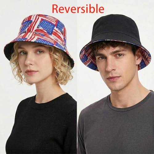 Shark Pattern Bucket Hat for Men Women, Reversible Double-Side-Wear Sun Hat, Packable Beach Fisherman Cap - color: American Flag