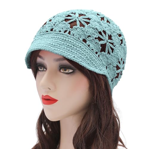 ZLYC Women Summer Slouchy Crochet Hat Handmade Cutout Skull Cap with Visor - color: Plain Light Blue, size: One Size