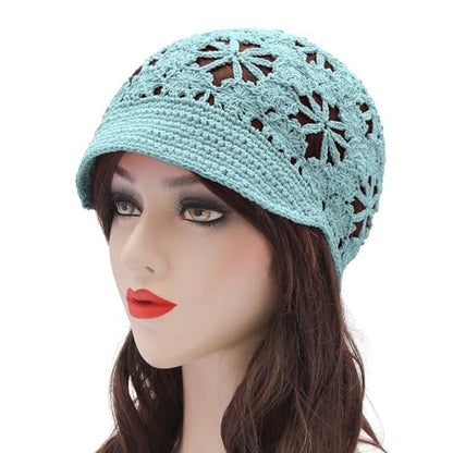 ZLYC Women Summer Slouchy Crochet Hat Handmade Cutout Skull Cap with Visor - color: Plain Light Blue, size: One Size