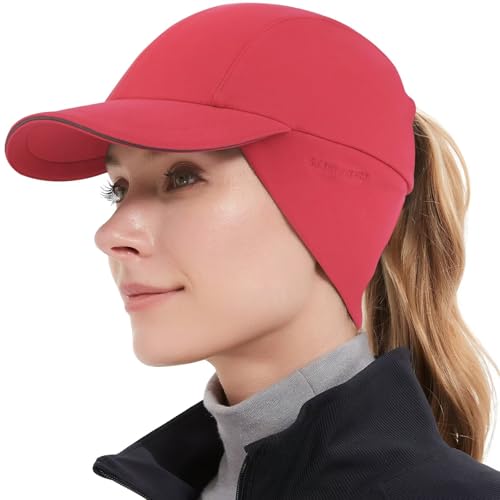 GADIEMKENSD Women's Winter Reflective Fleece Ponytail Hat with Drop Down Ear Warmer - color: Red