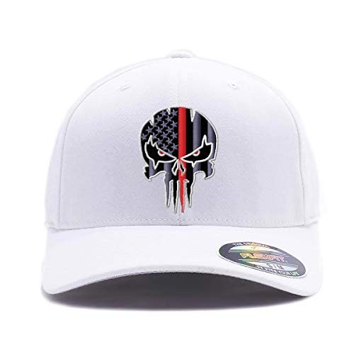 G&B Red Thin Red/Blue Line Spartan Helmet & Distressed Skull Flex Baseball Cap. Embroidered. 6277/6477 Flex Baseball Hat - color: White 2, size: Small-Medium