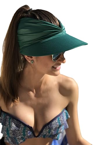 Sun Hat Women Beach Visor Cap UV Protection with Wide Brim Packable Summer Sport Ponytail Sun Cap - color: Green