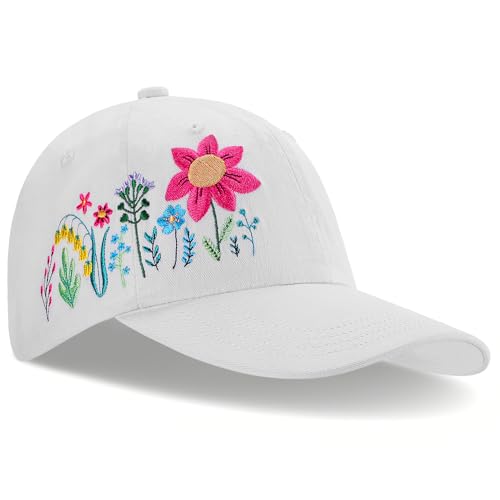 Trendy Handmade Embroidered Baseball Cap for Girls Women, Vintage Wash - style: Floral(white)