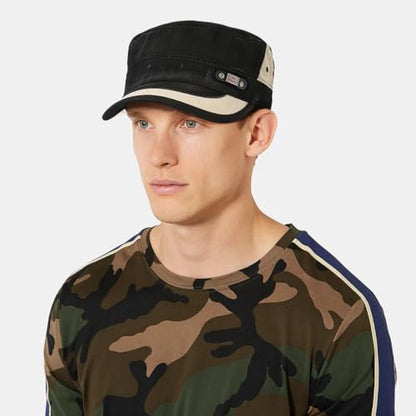 Men Flat Top Hat Cadet Army Cap Twill Cotton Baseball Military Cap - color: F - Black