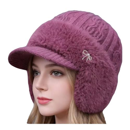 Winter Trapper Beanie Hats for Women Men, Fleece Lined Knit Hat with Brim Ear Flaps, Ear Warmers Cold Cap - color: Purple