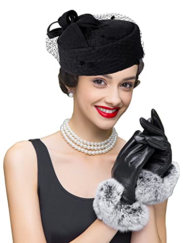 ORIDOOR Women's British Style Pillbox Church Derby Wedding Winter Vintage Fascinator Beret 100% Wool Felt Veil Hat - color: 05a-black