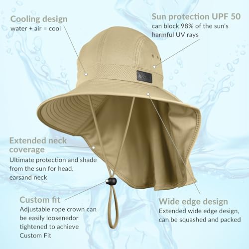 Sukeen Cooling Sun Hat for Men Women UPF50+ Wide Brim Fishing Hat with Neck Flap Adjustable Foldable Bucket Hat for Hiking - color: Khaki