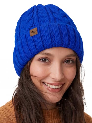 Winter Hats for Women Cable Knit Chunky Skull Cap Fleece Lined Thick Fold Cuff Beanie hat - color: Sky Blue, style: Wheat Spike
