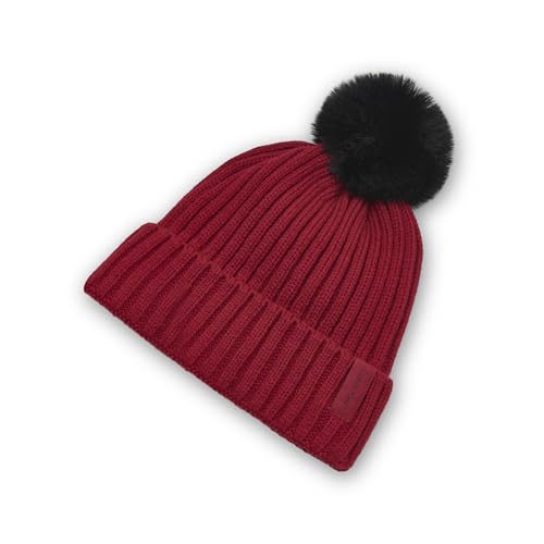 Calvin Klein Women's Faux Fur Pom Winter Beanie with Velboa Fleece Lining - color: Rouge