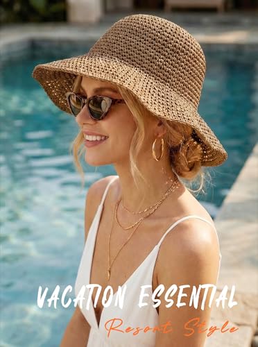 Straw Beach Hats for Women Summer Wide Brim Floppy Packable Foldable Bucket Sun Hat Travel Vacation UV Protection - color: Khaki