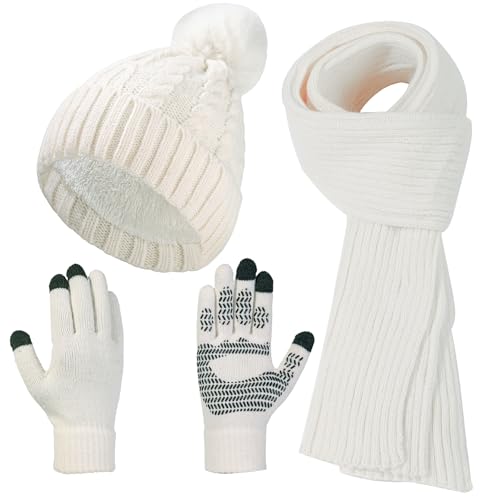 HUAMULAN Women Winter Knit Beanie Hat Circle Scarf Set Pompoms Ear Flaps - color: Cream White With Scarf and Gloves