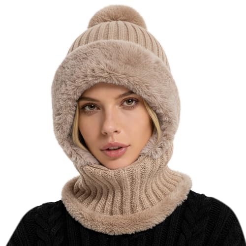 AQOKKA 3 in 1 Knit Fleece Lined Beanie Hat with Scarf and Mask Warm - color: Khaki