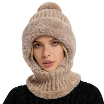 AQOKKA 3 in 1 Knit Fleece Lined Beanie Hat with Scarf and Mask Warm - color: Khaki