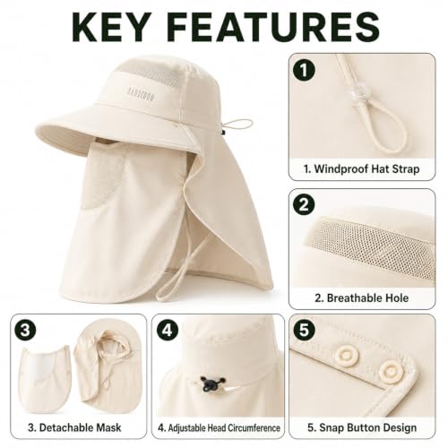HUAMULAN Women Wide Brim Sun Hat Ponytail UV Protection Visor Fishing Cap - color: Beige