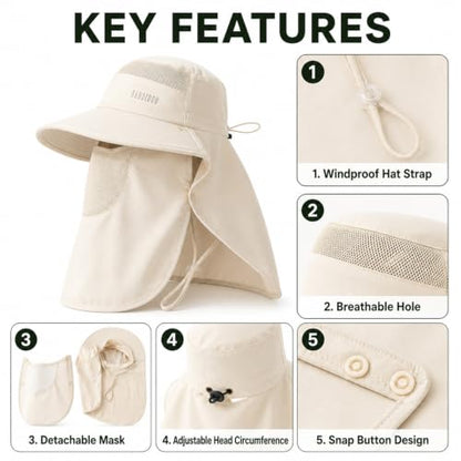 HUAMULAN Women Wide Brim Sun Hat Ponytail UV Protection Visor Fishing Cap - color: Beige