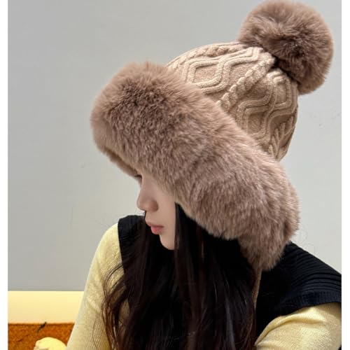 Winter Pompom Beanie Hats for Women Fluffy Knit Skull Cap Womens Faux Fur Crochet Warm Bucket Outdoor Ear Cover - color: Brown