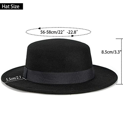Pork Pie Hat for Men/Women, Wide Brim Felt Boater Fedora Church Derby Cap - color: Black-style 1