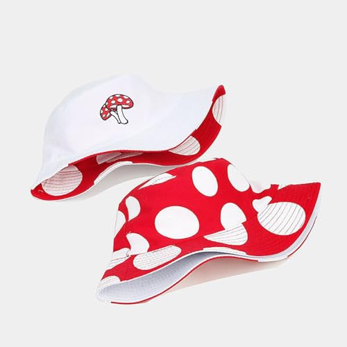 Bucket Hat for Women Men, Cotton Reversible Double Side Wear Sun Hats Beach Fisherman Hat - color: Mushroom Dots
