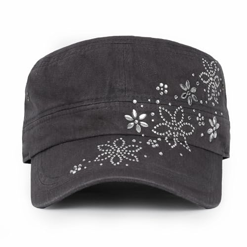 ililily Rhinestone Cotton Cadet Cap Vintage Distressed Cotton Military Army Hat - color: Dark Gray / Crystal