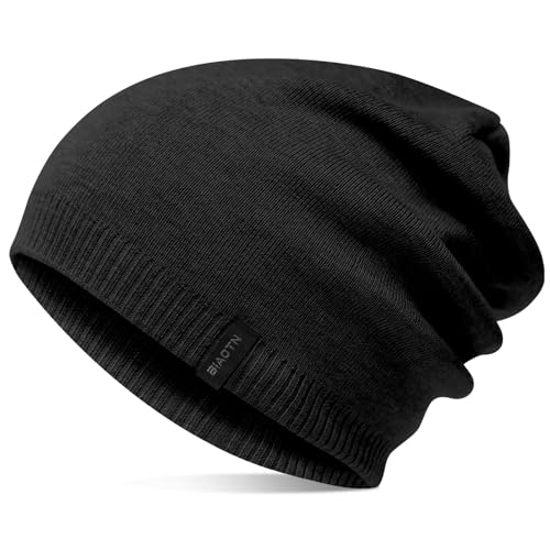Wool Blend Ribbed Knit Beanie for Men Women, Double Layer Warm Winter Hat Beanies Skull Cap - color: Black