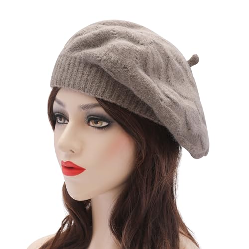 ZLYC Women French Beret Hat Reversible Solid Color Knit Warm Artist Cap - color: Cable Pattern Tan