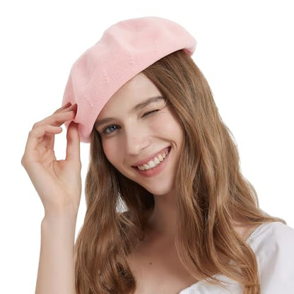 Summer French Beret Breathable Thin Beret Hat Solid Color Beanie for Women Lady - color: Light Pink
