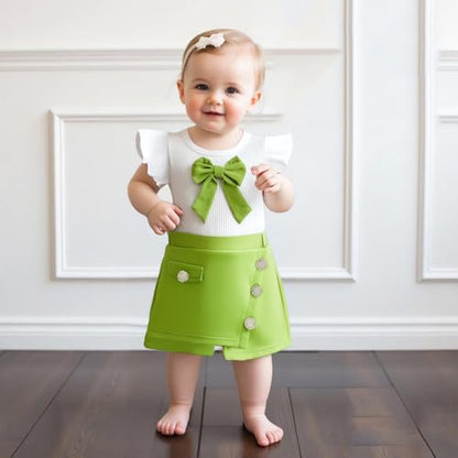 Baby Girls Fly Sleeve 3D Bow Rib Knit Shirt + Irregular Skorts + Beret Hat - color: Green, size: 12-18 Months