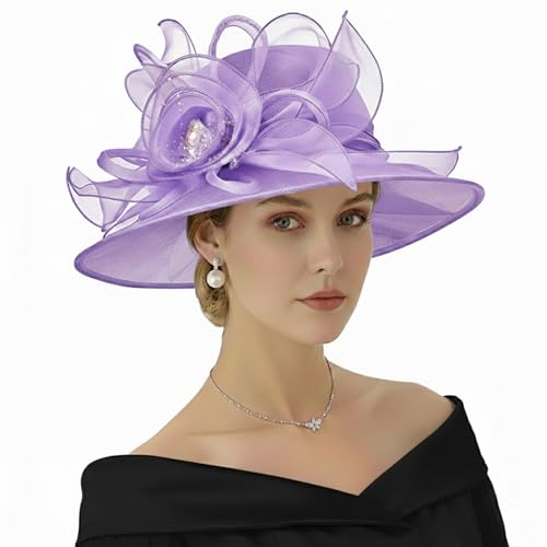 AQOKKA Women Organza Church Fascinators Kentucky Derby Hats for Women and Girls Wedding Flower Tea Party Hat with Wide Brim - color: Organza Rose : Purple