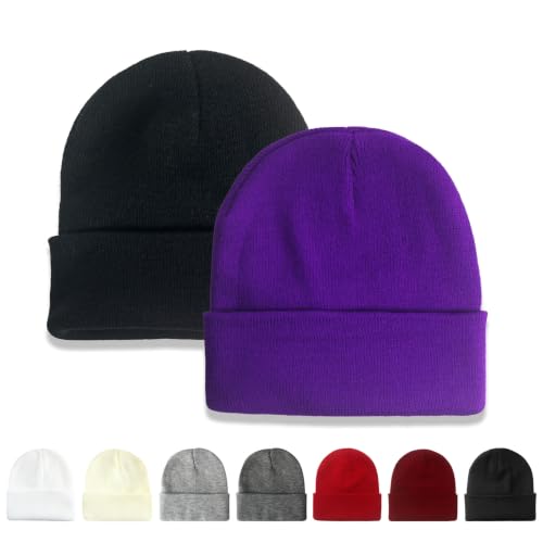NPQQUAN 2 Packs Beanie for Men Women Winter Hats for Mens Beanie Skull Cap - color: Black+darkpurple
