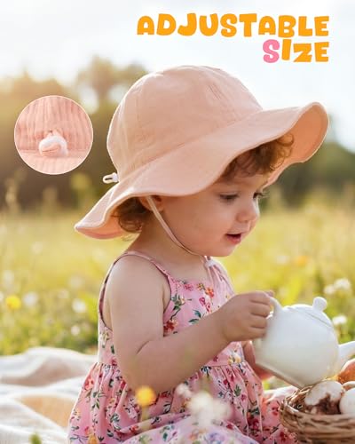HONGTEYA Baby Sun Hat Muslin Wide Brim Toddler Girl Beach Bucket Hat - color: Pink/Cherry, size: 6-24 Months