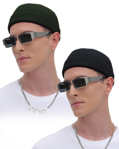 ROYBENS Thin Swag Wool Short Fisherman Beanie for Men Women Knit Winter Hat - color: 2pcs-black+army Green