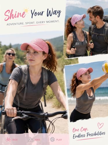 Women Shiny Rhinestone Bling Sun Visor Adjustable Tennis Beach Ponytail Hat - color: Pink Hat+pink Rhinestone