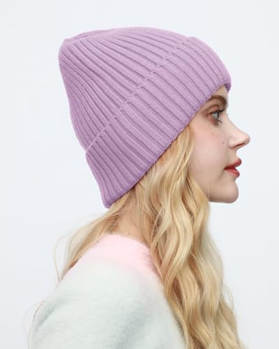 ROYBENS Womens Satin Lined Beanie for Men Wool Knit Cuffed Warm Winter Hats - color: 1pcs--light Purple