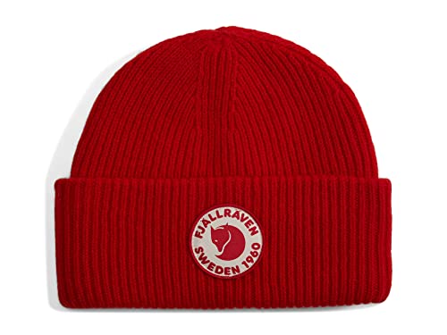 Fjällräven 1960 Logo Hat Beanie - Knit Winter Cap with Folded Cuff, Warm Soft Everyday Outdoor Hat - color: True Red