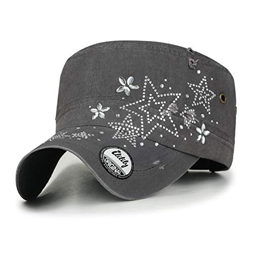 ililily Rhinestone Cotton Cadet Cap Vintage Distressed Cotton Military Army Hat - color: Charcoal Star