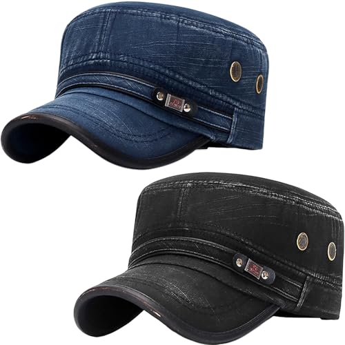 Cadet Army Hat 2 Pieces Flat Top Cap Unisex Military Hat for Women Men - color: Black E + Navy E