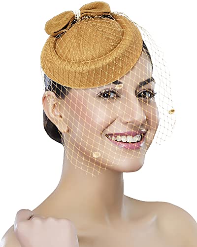 Pillbox Hat with Veil Vintage Fascinators for Women Tea Party Bridal Wedding Halloween First Communion Hats - color: Gold