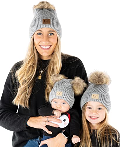 Funky Junque Mommy & Me Double Pom Beanies 3-Pack Matching Winter Hats for Mom, Toddler & Infant Girls, Cozy Knit Family Set - color: Diagonal Basketweave - Heather Grey