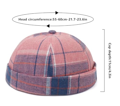 DIYDECAL Striped Plaid Brimless Worker Cap,Retro Skullcap Docker Hat for Men Womens - color: Pink