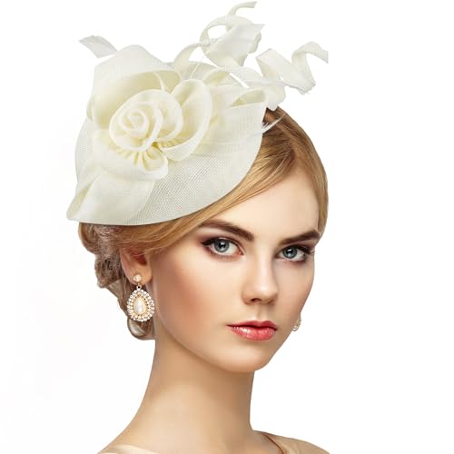 Zinniday 2026 Victoria Derby Fascinator - Kentucky Church Hats 1920s 50s Vintage Tea Party Hat with Hair Clip for Women - color: Off-white